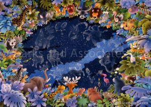 Animals Watch the Constellations Reflected in a Pool