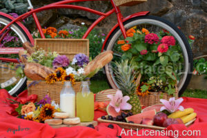 1662-Red Bicycle-Flower, Fruit and Bread Picnic in Summer