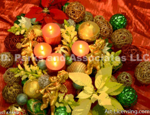 2504-Christmas Ornaments, Candles, Gold Angels, Poinsettia