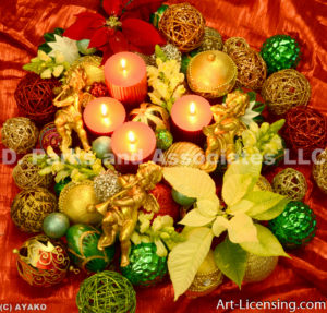 2506-Christmas Ornaments, Candles, Gold Angels, Poinsettia