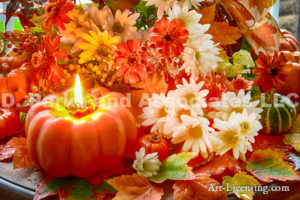 3726-Fall Flower Arrangemen-Mums-Pumpkin Candle-Maple Leaf