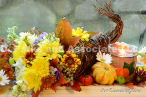 3908-Fall Flower Arrangemen-Mums-Pumpkins-Maple Leaf-Candle