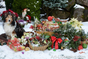 4364-Shelti Dog with Christmas presents, Wreath and Basket on Snow