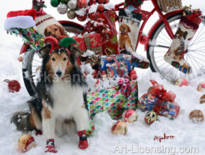 4920-Shelti Dog and Christmas Presents on Bicycle on Snow