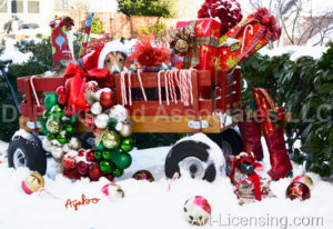 5812-Christmas Presents and Dog in Red Wagon on Snow