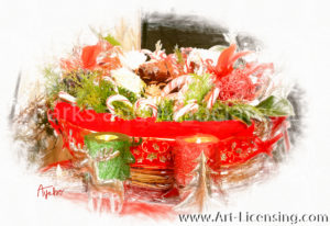 1882SRH-Red and Green Candles with Christmas Flower Basket