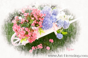 2667SRH-Pink Begonia and Purple Hydrangea in Pink Wheelbarrow