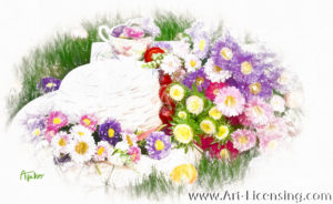 3409SRH-Aster Bouquet, Straw Hat and Teacup