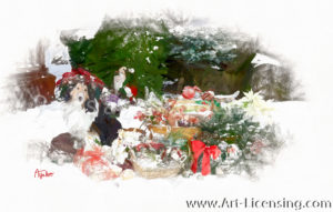 4364SRH-Christmas Present, Poinsettia, Basket, Wreaths and Dog in Snow