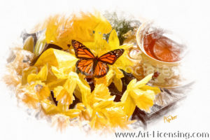 4465SRH-Yellow Daffodil, Tea cup and Butterfly