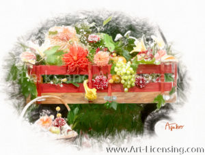 7025SRH-Dahlia, Pumpkins, Grape in Red Wagon