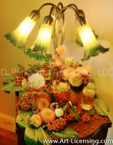 2627S-Dahlias and Nandina berries and Antique lamp
