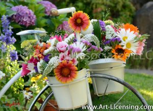 8596S-Sunflower and Summer Flowers on White Bicycle Stand